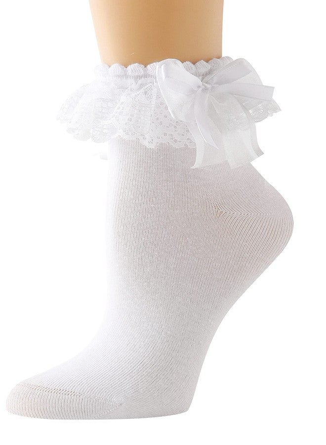 AMHRLINGTO Lace Ruffle Frilly Socks for Women - Lace Ankle Socks with Bow (White-1 Pairs) - Image 1